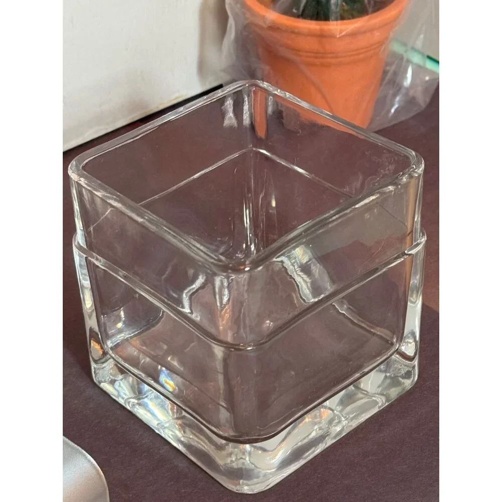 Square Thick Clear Glass Covered Storage Jar With Brushed Silver Lid